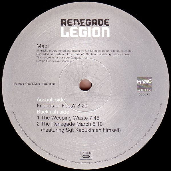 Image of Label Cover of 12" - G/VG - RENEGADE LEGION, Friends Or Foes? (Fnac Music Dance Division; 590279, France 1993, Laminated Sleeve), Marks on inner label, general wear to sleeve,  hairlines on disc.,  - 2415102C