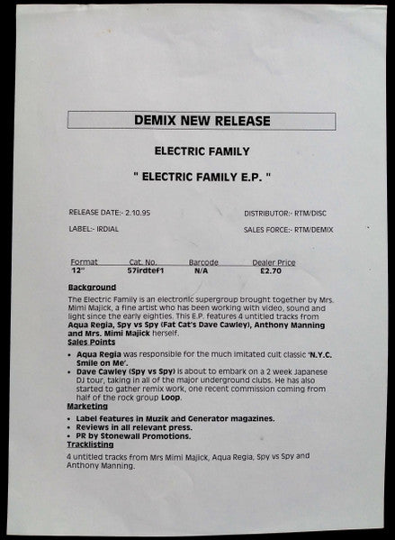 Image of Label Cover of 12" - /VG - VARIOUS, Electric Family EP (Irdial Discs ; 57 ird tef 1, UK 1995), few marks either side - minor. spindle marks on label. sticker on label,  - 2345272S