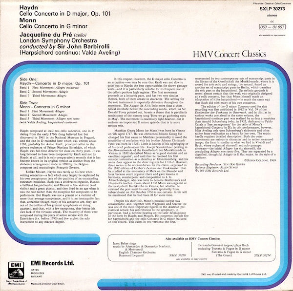 Image of Back Cover of 2425110E: LP - JACQUELINE DU PR�, SIR JOHN BARBIROLLI, LONDON SYMPHONY ORCHESTRA, Haydn: Cello Concerto In D / Monn: Cello Concerto In G Minor (HMV Concert Classics Blue and Silver Label; SXLP-30273, UK Reissue, Stereo)   VG+/VG+