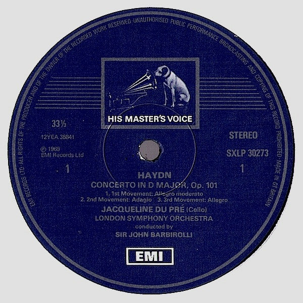 Image of Label Cover of 2425110E: LP - JACQUELINE DU PR�, SIR JOHN BARBIROLLI, LONDON SYMPHONY ORCHESTRA, Haydn: Cello Concerto In D / Monn: Cello Concerto In G Minor (HMV Concert Classics Blue and Silver Label; SXLP-30273, UK Reissue, Stereo)   VG+/VG+