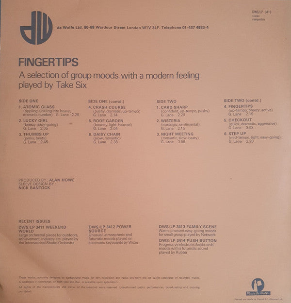 Image of Back Cover of 4645255S: LP - TAKE SIX, Fingertips (Music De Wolfe ; DWS/LP 3415, UK 1980) Strong VG. Very slight warp. Surface marks. Faint ring wear.  VG+/VG