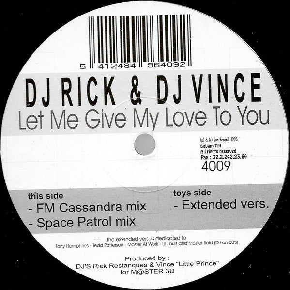 Image of Label Cover of 12" - G+/G+ - DJ RICK & DJ VINCE, Let Me Give My Love To You (Gun Records; GUN 4009, Belgium 1996), ,  - 2445159S