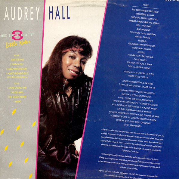 Image of Back Cover of LP - VG/VG+ - AUDREY HALL, Eight Little Notes (Germain Records ; DGLP1 1985, UK 1985, Signed front sleeve.), Signed to Karen on front sleeve. Disc has only a few very light marks.,  - 2415374C