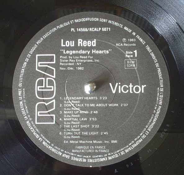 Image of Label Cover of 5225073E: LP - LOU REED, Legendary Hearts (RCA; PL 14568, France 1983, Inner)   VG/VG