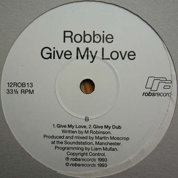 Image of Label Cover of 12" - G/VG - ROBBIE, Let Your Body Move (Robs Records; 12ROB13, UK 1993, Company Sleeve), Record very slightly dished. Sleeve worn, stained, mottled, ripped and scuffed; with stamp on reverse,  - 2415491C