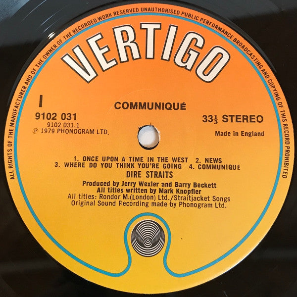 Image of Label Cover of LP - G+/VG - DIRE STRAITS, Communique (Vertigo Orange Labels; 9102 031, UK 1980s Reissue, Inner), Edge Wear,  - 2226099E