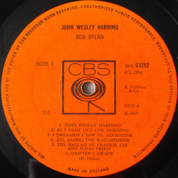 Image of Label Cover of LP - VG/G+ - BOB DYLAN, John Wesley Harding (CBS; 63252, UK 1968, Mono, Smooth Labels with a Dip), ,  - 3626095E