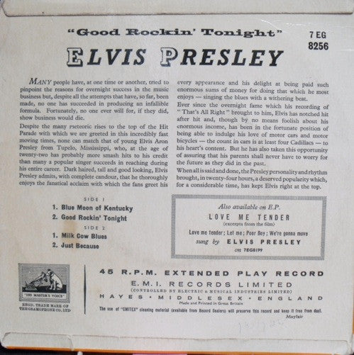 Image of Back Cover of 7" EP - VG/G+ - ELVIS PRESLEY, Good Rockin' Tonight (HMV Round; 7EG 8256, UK 1957, Laminated Flipback Sleeve), ,  - 4126099E