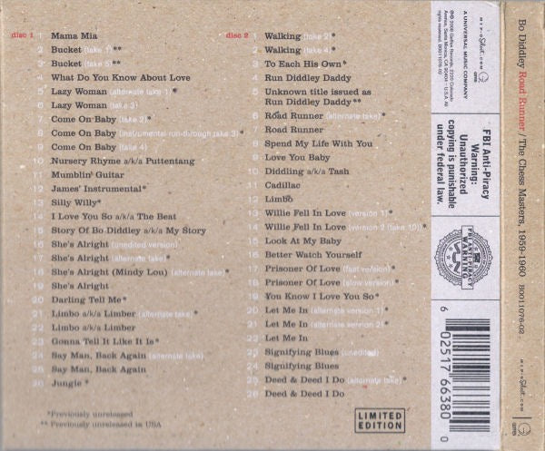 Image of Back Cover of 2xCD - VG+/VG+ - BO DIDDLEY, Road Runner / The Chess Masters, 1959-1960 (Hip-O Select; B0011076-02, US 2008, Double Digipak, Booklet), ,  - 2415519C