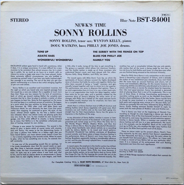 Image of Back Cover of LP - VG/VG - SONNY ROLLINS, Newk's Time (Blue Note; 4001, France 1982 Reissue, Pasteback Sleeve, Stereo, NO OBI), ,  - 3326023E