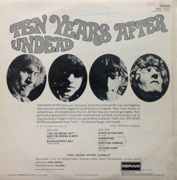 Image of Back Cover of LP - VG/VG - TEN YEARS AFTER, Undead (Deram; DML1023, UK 1968, Laminated Front Sleeve, Mono), Light marks, laminate creases,  - 3246184S