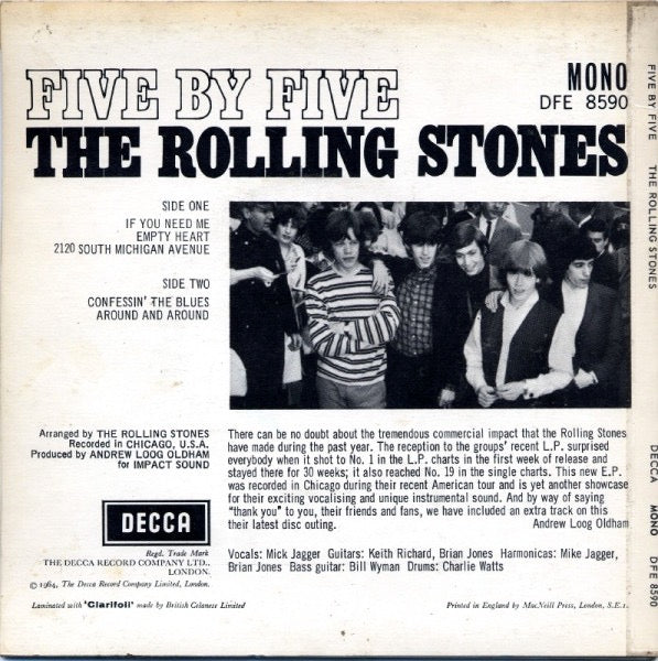 Image of Back Cover of 2515078C: 7" - THE ROLLING STONES, Five By Five (Decca; DFE 8590, UK 1972 Reissue, Flipback Sleeve)   VG+/VG+