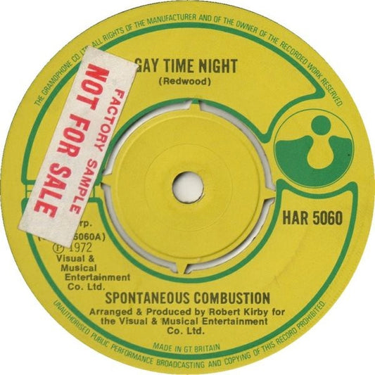 Image of Front Cover of 2515084C: 7" - SPONTANEOUS COMBUSTION, Gay Time Night (Harvest; HAR 5060, UK 1972, Company Sleeve) Glossy disc, Plays well, Small tear to sleeve  VG/VG+