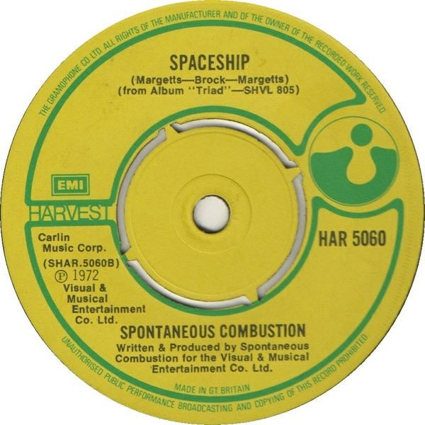 Image of Back Cover of 2515084C: 7" - SPONTANEOUS COMBUSTION, Gay Time Night (Harvest; HAR 5060, UK 1972, Company Sleeve) Glossy disc, Plays well, Small tear to sleeve  VG/VG+