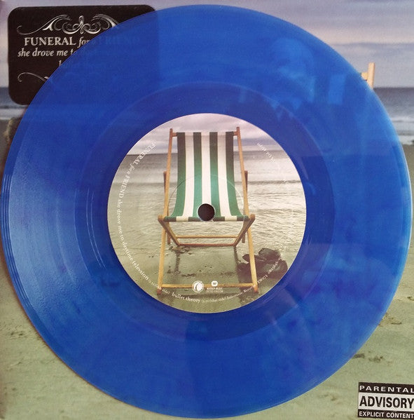 Image of Label Cover of 2515134C: 7" - FUNERAL FOR A FRIEND, She Drove Me To Daytime Television / Bullet Theory (Warner Music United Kingdom; 0825646-1012-7-6, Europe 2003, Title Stickered Sleeve, Blue Marbled Translucent Vinyl) Sticker mark to sleeve varnish.  VG+/VG+