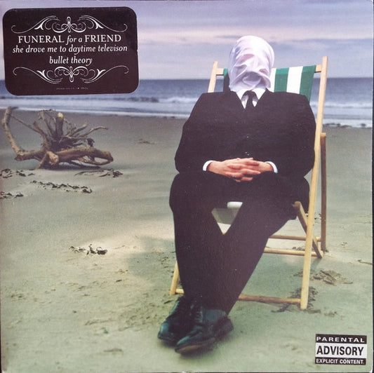 Image of Front Cover of 2515134C: 7" - FUNERAL FOR A FRIEND, She Drove Me To Daytime Television / Bullet Theory (Warner Music United Kingdom; 0825646-1012-7-6, Europe 2003, Title Stickered Sleeve, Blue Marbled Translucent Vinyl) Sticker mark to sleeve varnish.  VG+/VG+