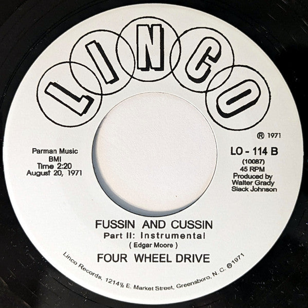 Image of Back Cover of 7" - /VG+ - FOUR WHEEL DRIVE, Fussin And Cussin (Tramp Records; TR-120, Germany 2009 Reissue), Some pressing dents but don't affect play.,  - 1926148E