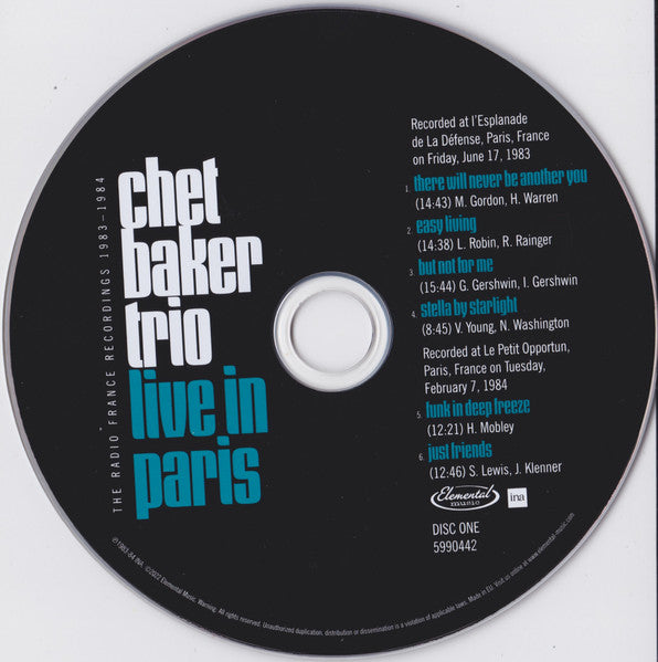 Image of Label Cover of 2515161C: 2xCD - CHET BAKER TRIO, Live In Paris: The Radio France Recordings 1983-1984 (Elemental Music; 5990442, Worldwide 2022, Booklet)   VG+/VG+