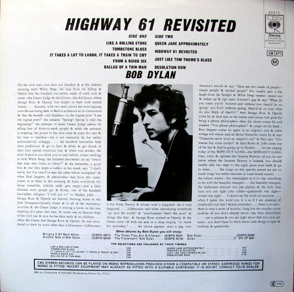 Image of Back Cover of LP - VG/VG - BOB DYLAN, Highway 61 Revisited (CBS Red Label; 62572, UK 1980s Reissue), A few light marks, Good gloss, A few patches of aged staining,  - 4116093C