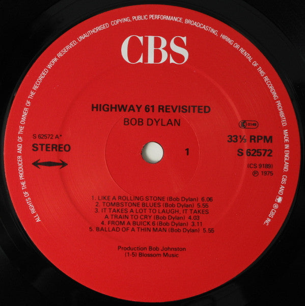 Image of Label Cover of LP - VG/VG - BOB DYLAN, Highway 61 Revisited (CBS Red Label; 62572, UK 1980s Reissue), A few light marks, Good gloss, A few patches of aged staining,  - 4116093C