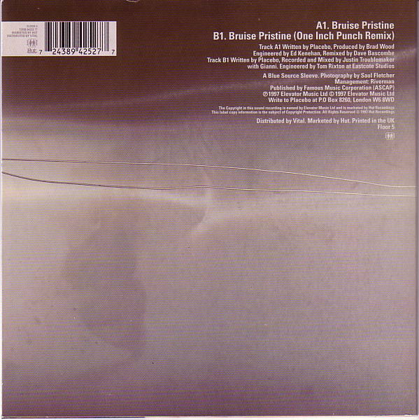 Image of Back Cover of 2515447C: 7" - PLACEBO, Bruise Pristine (Elevator Music; FLOOR 5, UK 1997, Picture Sleeve, Inner) Sleeve has some grubby storage marks.  VG/VG+