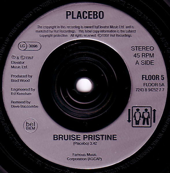 Image of Label Cover of 2515447C: 7" - PLACEBO, Bruise Pristine (Elevator Music; FLOOR 5, UK 1997, Picture Sleeve, Inner) Sleeve has some grubby storage marks.  VG/VG+