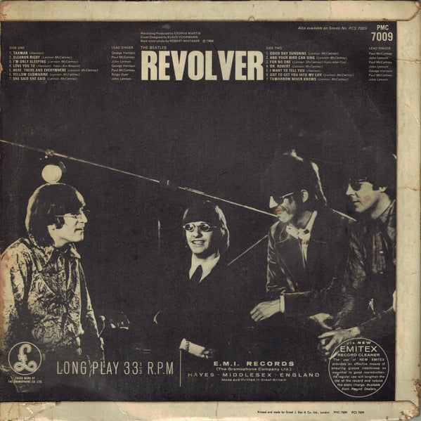 Image of Back Cover of LP - VG+/VG - THE BEATLES, Revolver (Parlophone Black/Yellow; PMC 7009, UK 1966, Laminated Ernest J. Day Flipback Sleeve, MONO, GRAMOPHONE RIM, SOLD IN UK, XEX 605-2 YEX 606-2, KT TAX CODE, DOCTOR ROBERT LABEL, DR. ROBERT SLEEVE), Strong VG, Slight Damage To Lower Flipback,  - 1126174E