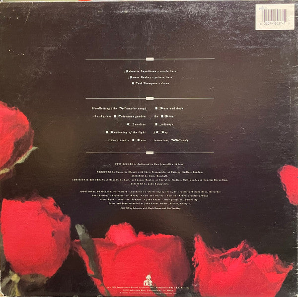 Image of Back Cover of 2525250E: LP - CONCRETE BLONDE, Bloodletting (I.R.S. Records ; X1-13037, US 1990, Red Vinyl) Still In Stickered Shrinkwrap Which Has Been Torn In Top Right Corner To Put On A Price Sticker - This Price Sticker Has Left A Mark   VG/EX