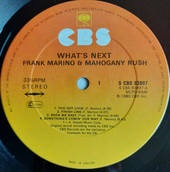 Image of Label Cover of 2515435C: LP - FRANK MARINO & MAHOGANY RUSH, What's Next (CBS; 83897, UK 1980)   VG/VG+