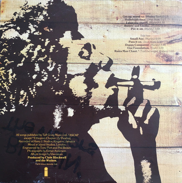 Image of Back Cover of LP - VG/VG - THE WAILERS, Burnin' (Island Records; ILPS 9256, UK 1973, Gatefold, Inner with cut corners), Light lines only, sounds VG+ throughout. Very light storage wear on sleeve.,  - 2316135C