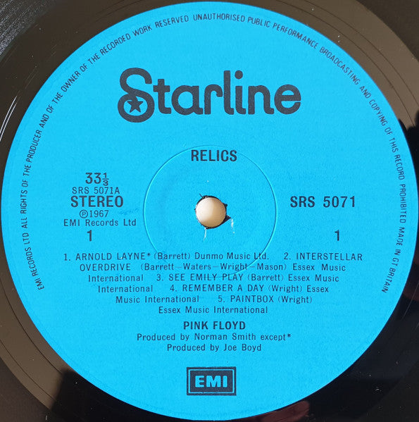 Image of Label Cover of LP - VG+/VG+ - PINK FLOYD, Relics (Starline Blue Labels; SRS 5071, UK 1970s Reissue, Black And White Textured Sleeve, 3rd Issue. "Made In Great Britain" At 4 O'Clock On Rim Text), ,  - 2726255E