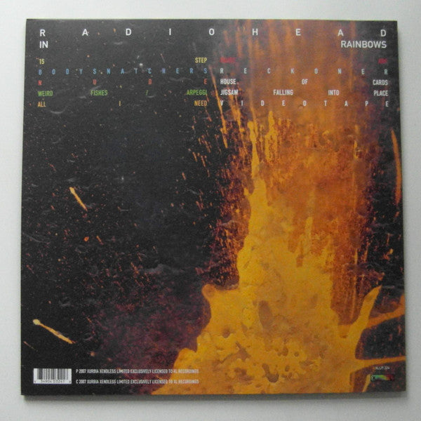 Image of Back Cover of LP - VG+/G+ - RADIOHEAD, In Rainbows (XL Recordings; XLLP 324, Europe 2010s Reissue, Matte Sleeve, Inner, PEACHY ABBEY ROAD/HL Matrices, Made in Europe on Labels), Two audible scratches on B side. ,  - 3746451S