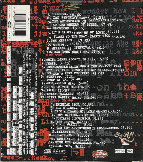 Image of Back Cover of 2515550C: 3xCD - GRANDMASTER FLASH, THE FURIOUS FIVE, GRANDMASTER MELLE MEL, Back To The Old School. Adventures On The Wheels Of Steel. (20th Anniversary Sugar Hill Anthology) (Sequel Records; NXT CD 305, UK 1999, Slim Jewel Cases  in Carboard Box, Booklet)   VG+/VG+