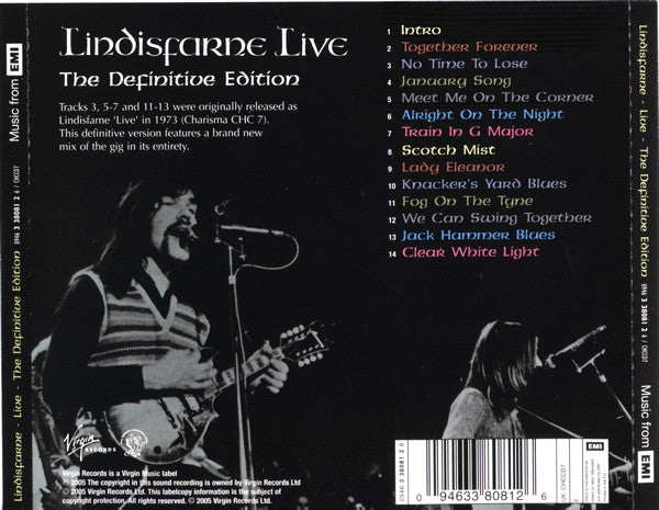 Image of Back Cover of CD - VG+/VG+ - LINDISFARNE, Lindisfarne Live - The Definitive Edition (Virgin; CHCCD7, UK 2005, Jewel Case), ,  - 2535014E