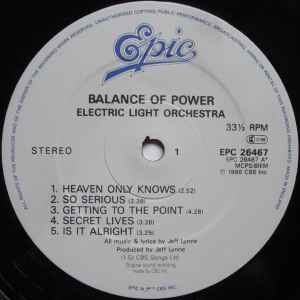 Image of Label Cover of LP - VG/VG+ - ELO - THE ELECTRIC LIGHT ORCHESTRA, Balance Of Power (Epic; EPC 26467, UK & Europe 1986, Inner), ,  - 3146135S