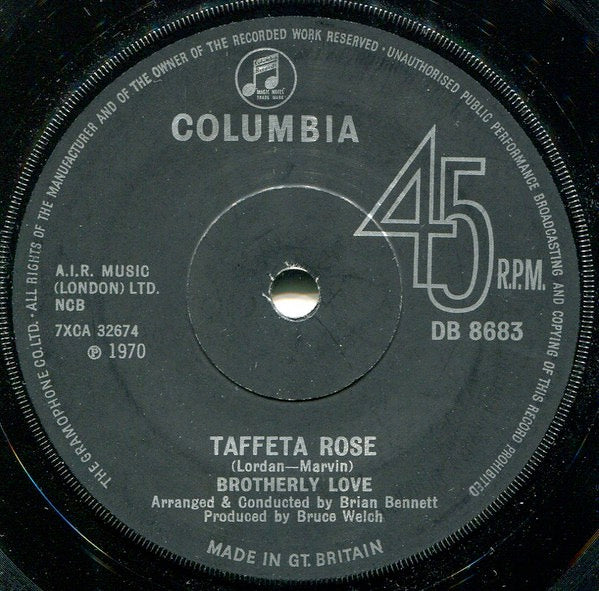 Image of Front Cover of 2615122C: 7" - BROTHERLY LOVE, Taffeta Rose (Columbia; DB 8683, UK 1970, Company Sleeve, Solid Centre) Glossy disc, Period correct red Columbia company sleeve  VG/VG