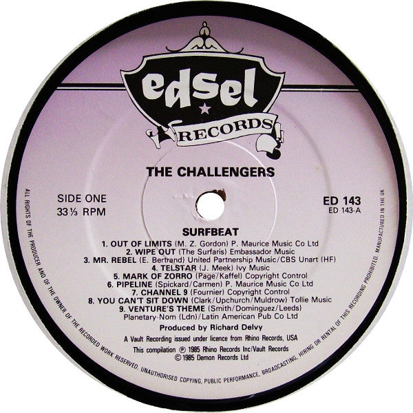 Image of Label Cover of LP - VG/VG+ - THE CHALLENGERS, Surfbeat (Edsel Records; ED 143, UK 1985, Insert), Light edge wear,  - 2615084C
