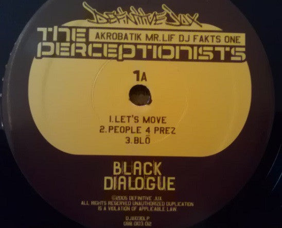 Image of Label Cover of 2xLP - G+/VG - THE PERCEPTIONISTS, Black Dialogue (Definitive Jux; DJX103DLP, US 2005, Insert), Light marks (more so on disc 2). Wear to sleeve with creasing at edges & ringwear. ,  - 2346161S