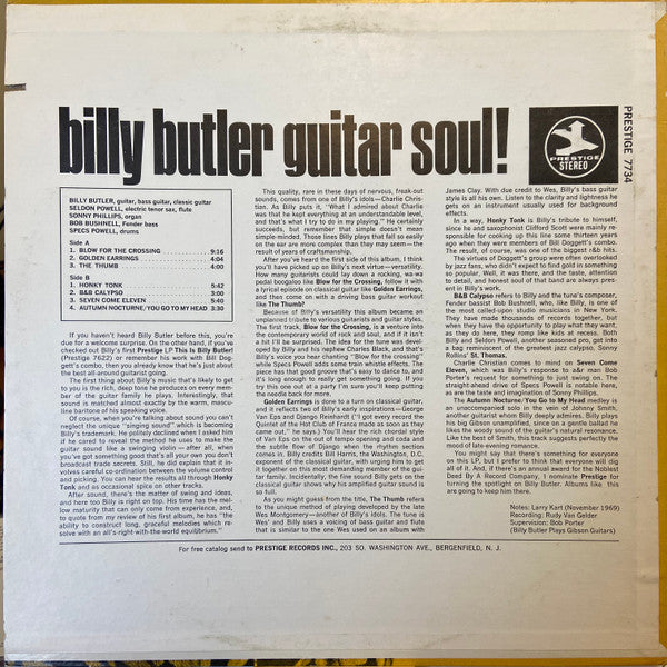 Image of Back Cover of LP - G/VG - BILLY BUTLER, Guitar Soul! (Prestige; PR 7734, US 1970), sleeve very damaged, corner clipped and very large tear across front and back. ,  - 2625182E