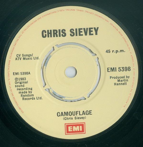 Image of Label Cover of 2525203E: 7" EP - CHRIS SIEVEY, Camouflage (EMI ; EMI 5398, UK 1983, Picture Sleeve) Strong VG  VG/VG