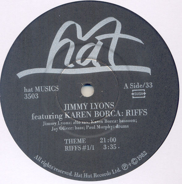 Image of Label Cover of LP - VG+/EX - JIMMY LYONS FEATURING KAREN BORCA, Riffs (hat MUSICS ; hat MUSICS 3503, Switzerland 1982), Small hole punch ,  - 2625218E