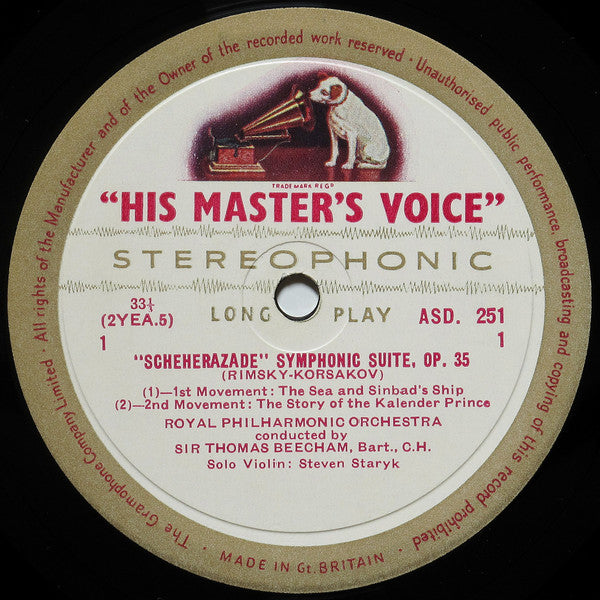 Image of Label Cover of LP - VG/VG - SIR THOMAS BEECHAM, ROYAL PHILHARMONIC ORCHESTRA, Rimsky-Korsakov: Scheherazade (HMV Cream and Gold; ASD 251, UK 1958 Reissue, Laminated Straight Flipback Sleeve, 5-10, 6-15 Matrix, No Publishing on Label, WT Tax Code Side One), Gold Sticker on DSleeve,  - 2525387E
