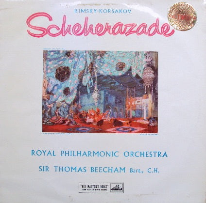 Image of Front Cover of 2525387E: LP - SIR THOMAS BEECHAM, ROYAL PHILHARMONIC ORCHESTRA, Rimsky-Korsakov: Scheherazade (HMV Cream and Gold; ASD 251, UK 1958 Reissue, Laminated Straight Flipback Sleeve, 5-10, 6-15 Matrix, No Publishing on Label, WT Tax Code Side One) Gold Sticker on DSleeve  VG/VG
