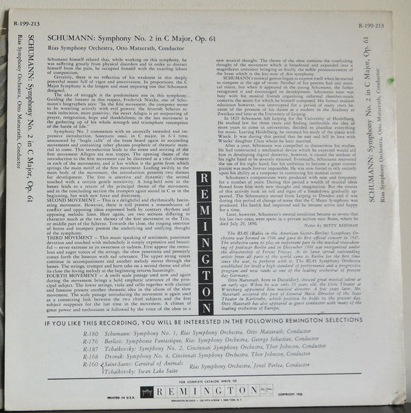 Image of Back Cover of LP - VG/VG - OTTO MATZERATH, RIAS SYMPHONY ORCHESTRA, Schumann: Symphony No. 2 (Remington Musirama; R-199-213, US 1953), Black and Gold 'Remington Musirama' Sticker on Front Sleeve,  - 2625241E