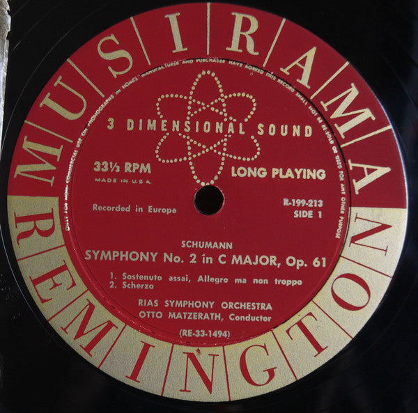 Image of Label Cover of LP - VG/VG - OTTO MATZERATH, RIAS SYMPHONY ORCHESTRA, Schumann: Symphony No. 2 (Remington Musirama; R-199-213, US 1953), Black and Gold 'Remington Musirama' Sticker on Front Sleeve,  - 2625241E