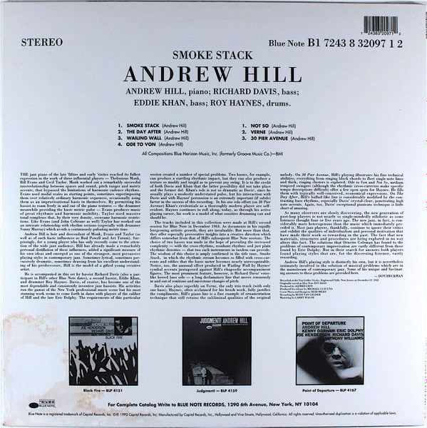 Image of Back Cover of 2625279E: LP - ANDREW HILL, Smoke Stack (Blue Note; B1 7243 8 32097 1 2, US 1995 Reissue)   VG+/VG+