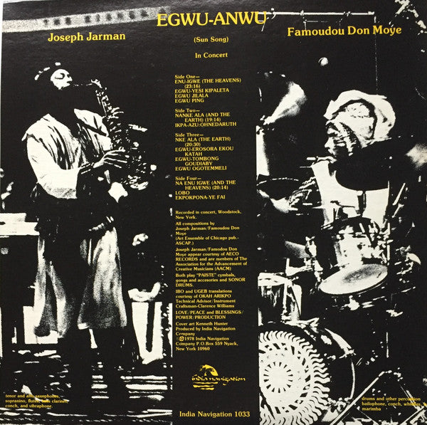 Image of Back Cover of 2625296E: 2xLP - JOSEPH JARMAN, FAMOUDOU DON MOYE, Egwu-Anwu (Sun Song) (India Navigation; IN 1033, US 1978, Gatefold) Records close to EX. Minor storage marks.  VG/VG+