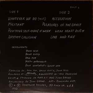 Image of Back Cover of LP - VG/G+ - RUTS DC, Present Rhythm Collision Vol. 1 (Bohemian; BOLP 4, UK 1982), Hairlines all over disc, a few light scratches. Sleeve is fully intact but has heavy edge and ring wear, creasing.,  - 1046062S