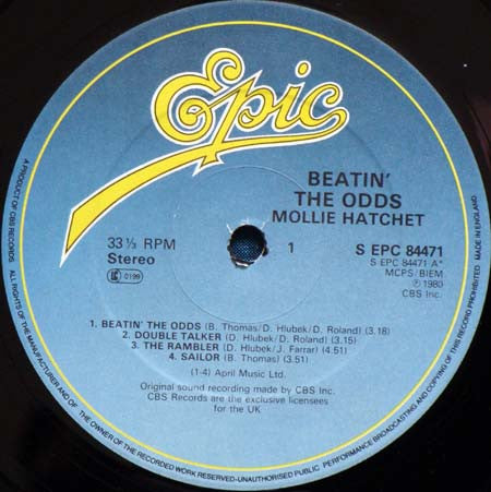 Image of Label Cover of LP - VG+/VG+ - MOLLY HATCHET, Beatin' The Odds (Epic; EPC 84471, UK 1980, Insert, Band Title Misprint On Labels), ,  - 3046093S