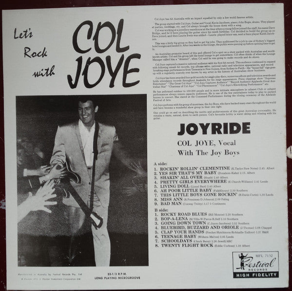 Image of Back Cover of 2625362E: LP - COL JOYE & THE JOY BOYS, Joyride (Festival Records; FL-7152, Australia 1961)   VG/VG